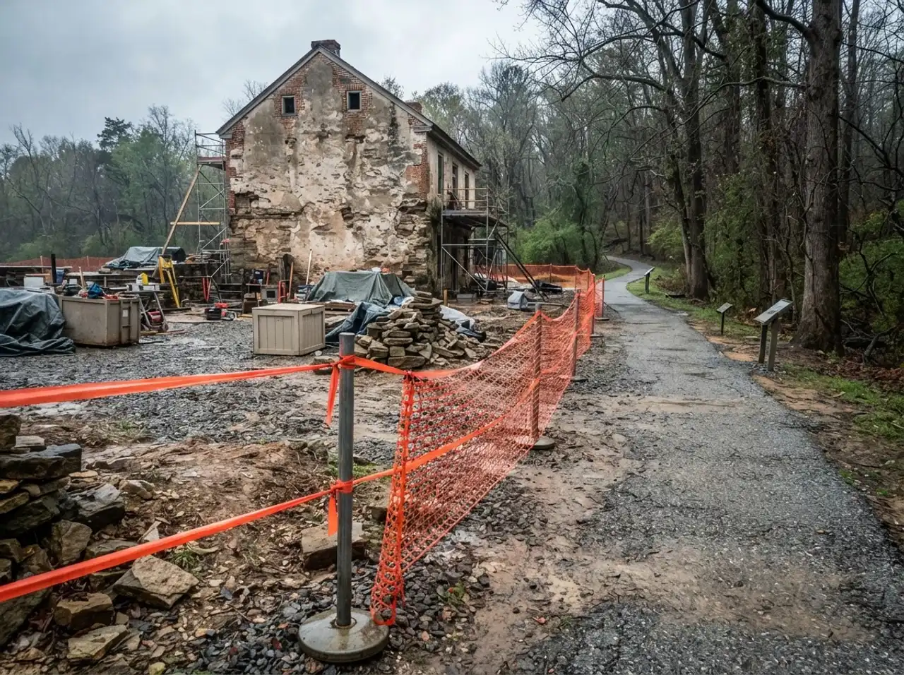 A cordoned work zone with safety fencing beside a public path at an active federal historic site