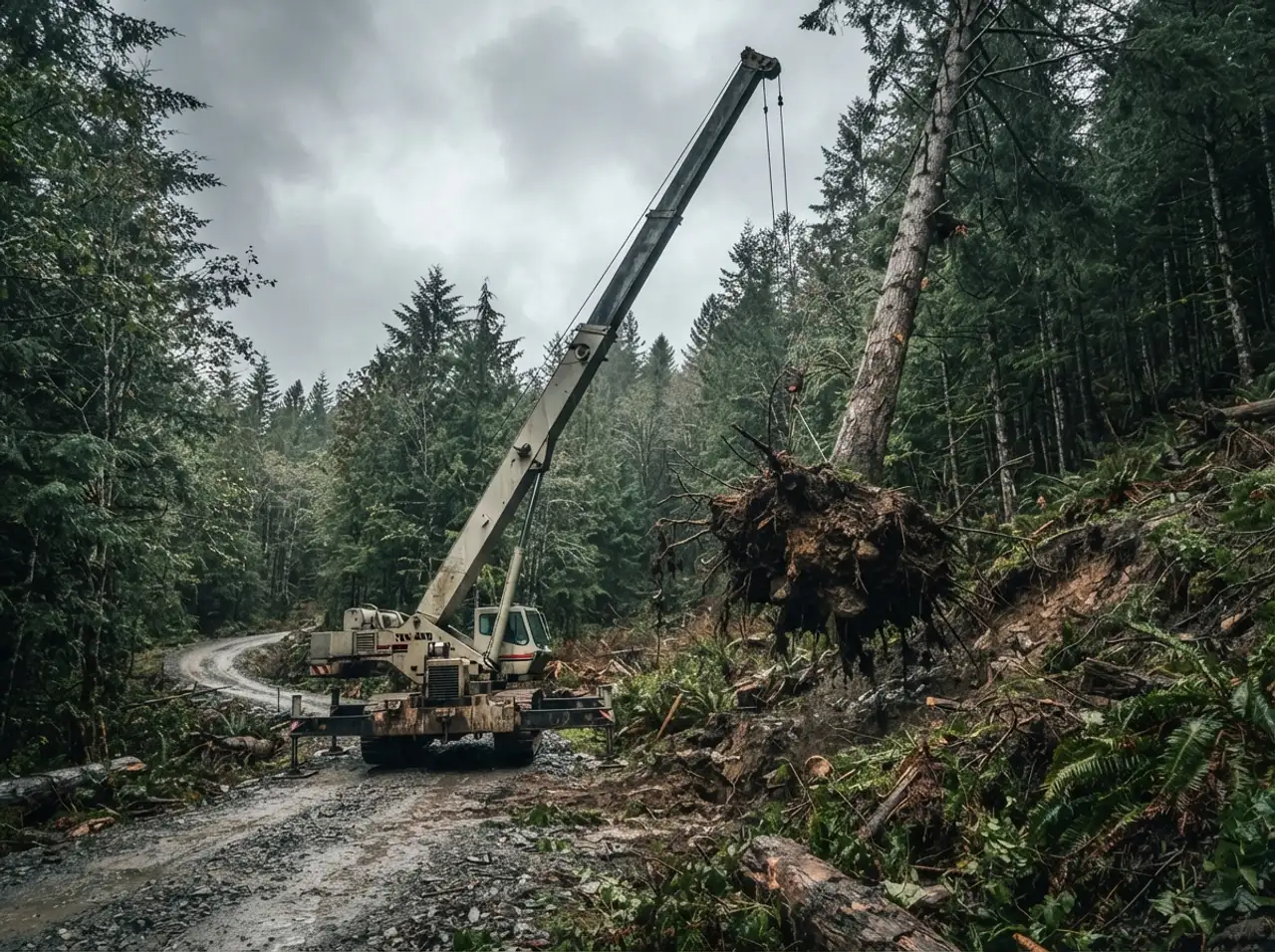 A crane working among storm-felled timber in a dense conifer forest under an overcast sky