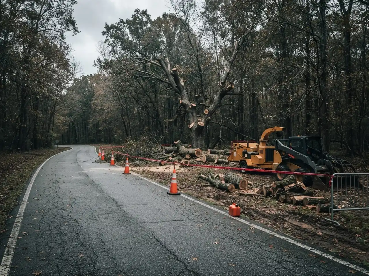 A cordoned work area on a tour road at a national military park with the site still open