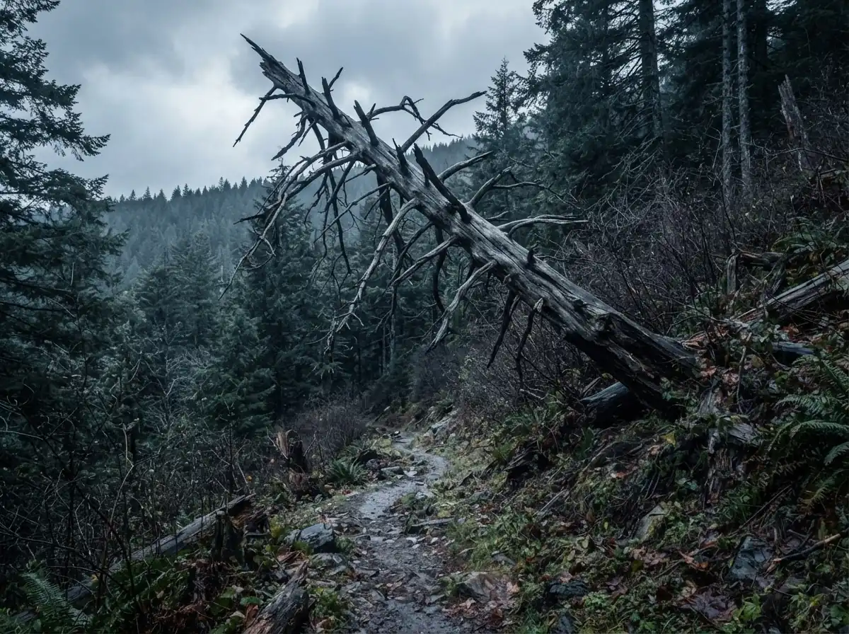 A storm-felled tree lying across dark timber on federal land under an overcast sky