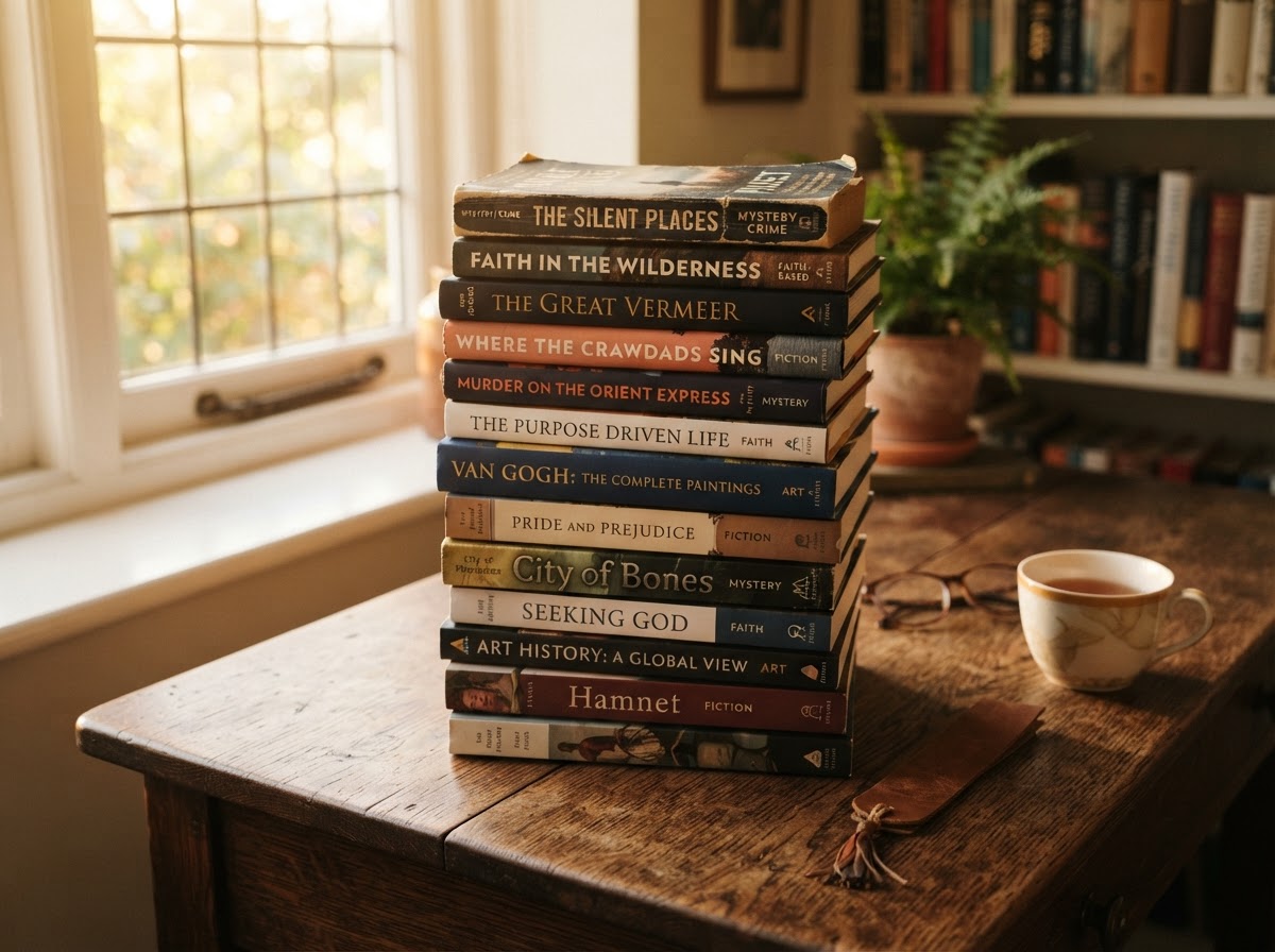 A warm stack of published books resting on a dark wooden desk in golden light