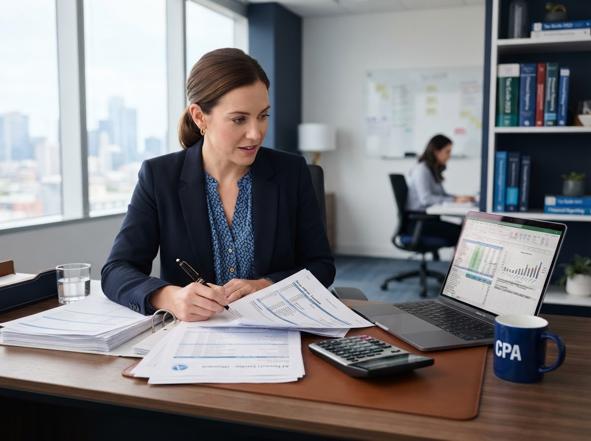 CPA advisor reviewing financial statements and tax documents