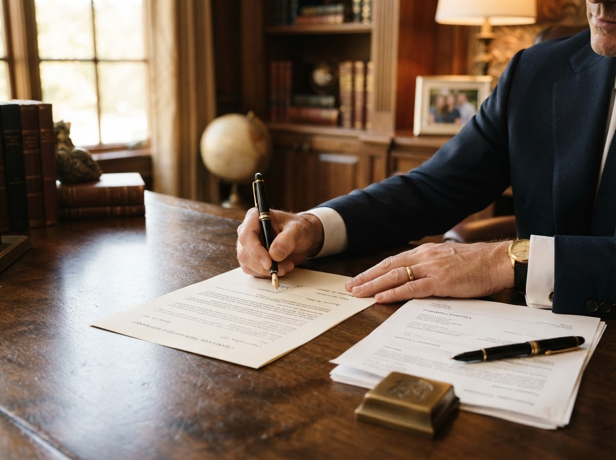 Hands signing a charitable trust document to reduce capital gains tax