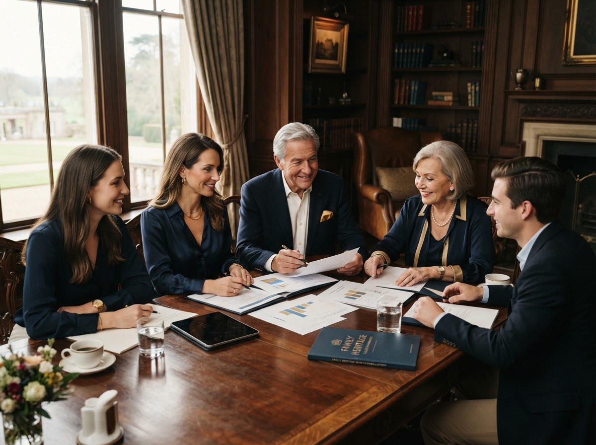 Multi-generational family reviewing legacy and estate planning documents