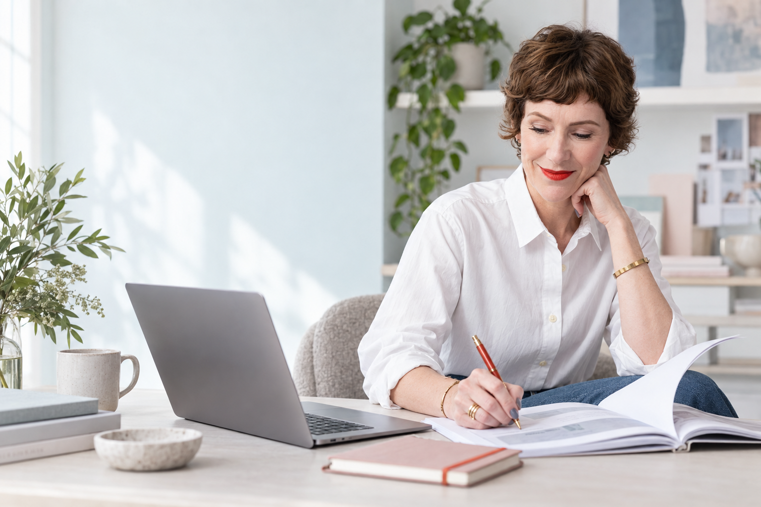 Justine Clay working at desk with laptop and workbook