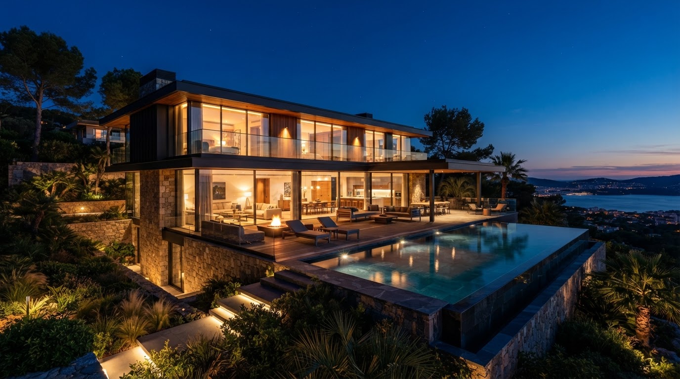 Luxury modern home at dusk