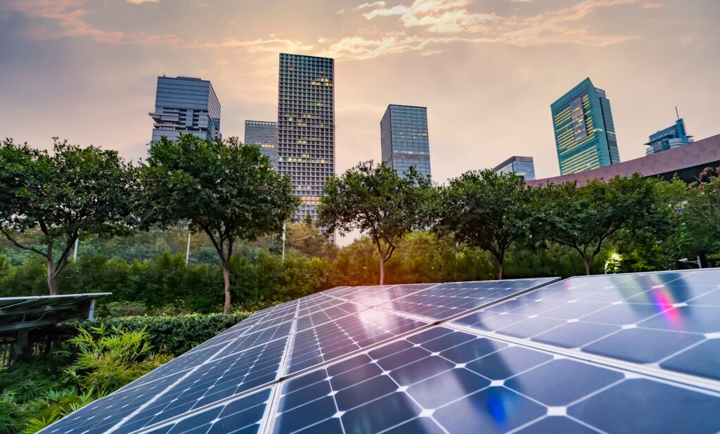 Solar panels integrated into sustainable urban architecture