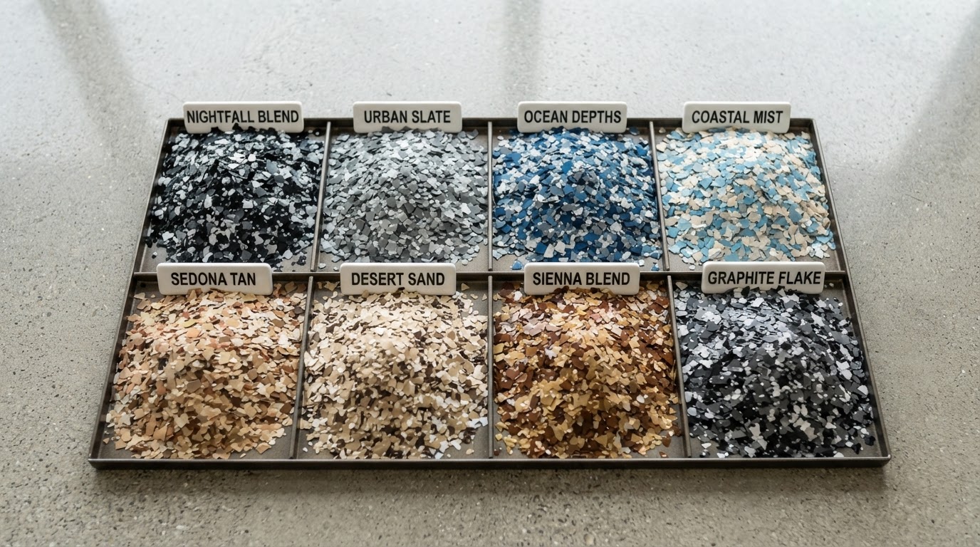 Multiple decorative epoxy flake color samples spread on a concrete floor for comparison