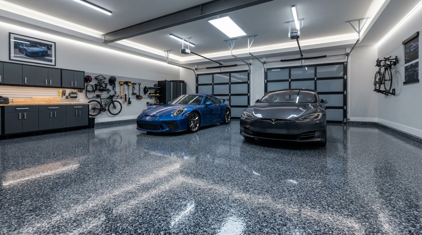 Seamless high gloss epoxy garage floor coating in Brighton Michigan