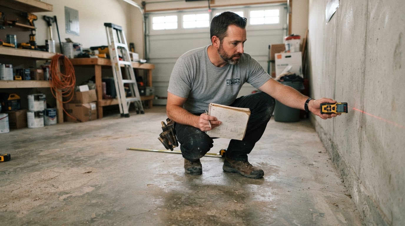 Contractor measuring a concrete floor for a coating project estimate