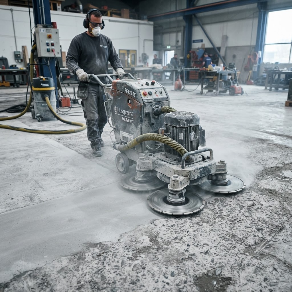 Industrial diamond grinder preparing concrete floor in Michigan