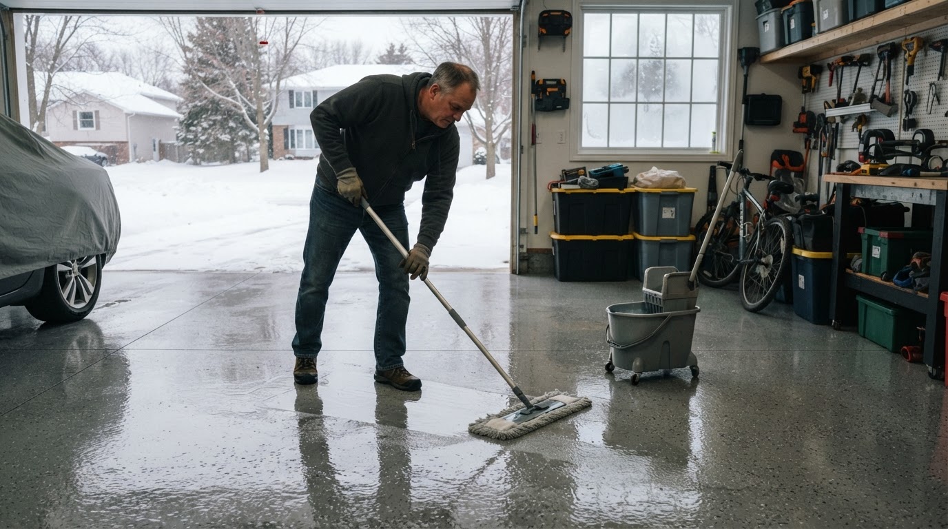 Person cleaning a glossy coated garage floor with a mop in winter