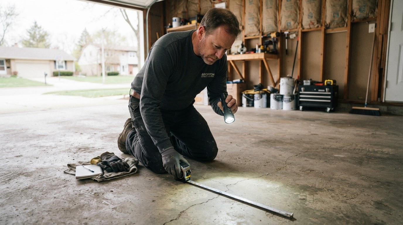 Concrete coating contractor inspecting a bare garage floor in Brighton Michigan