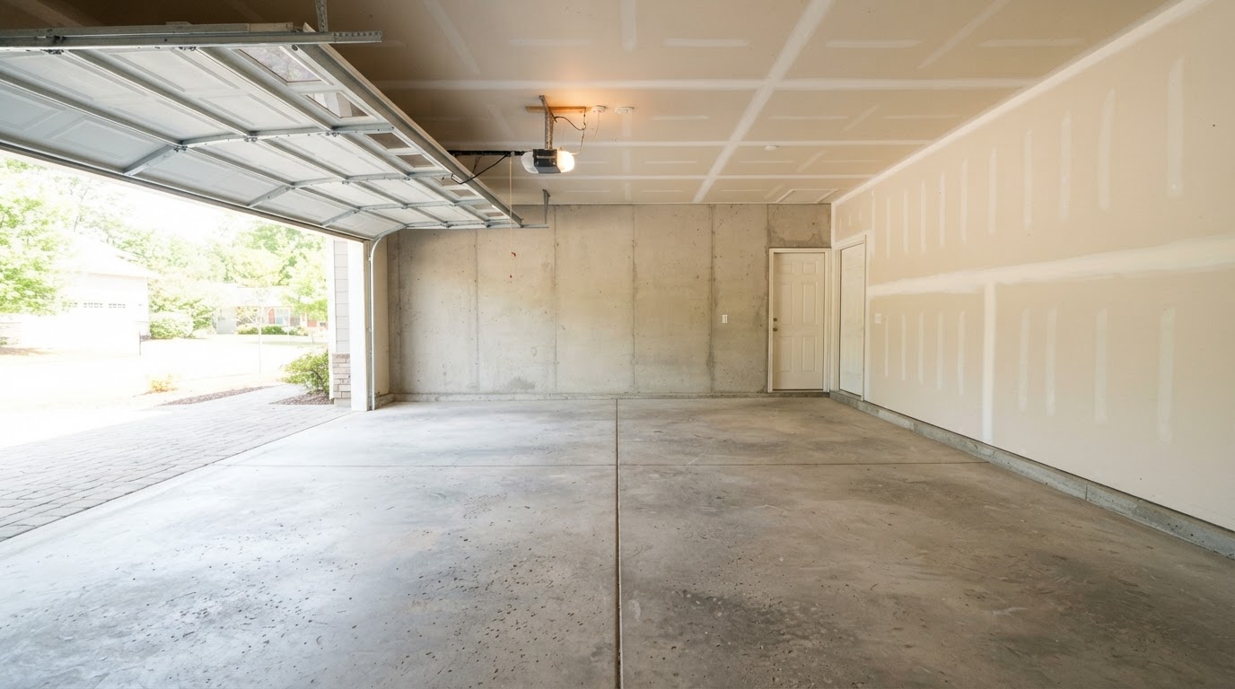 Cleared empty residential garage with bare concrete ready for coating