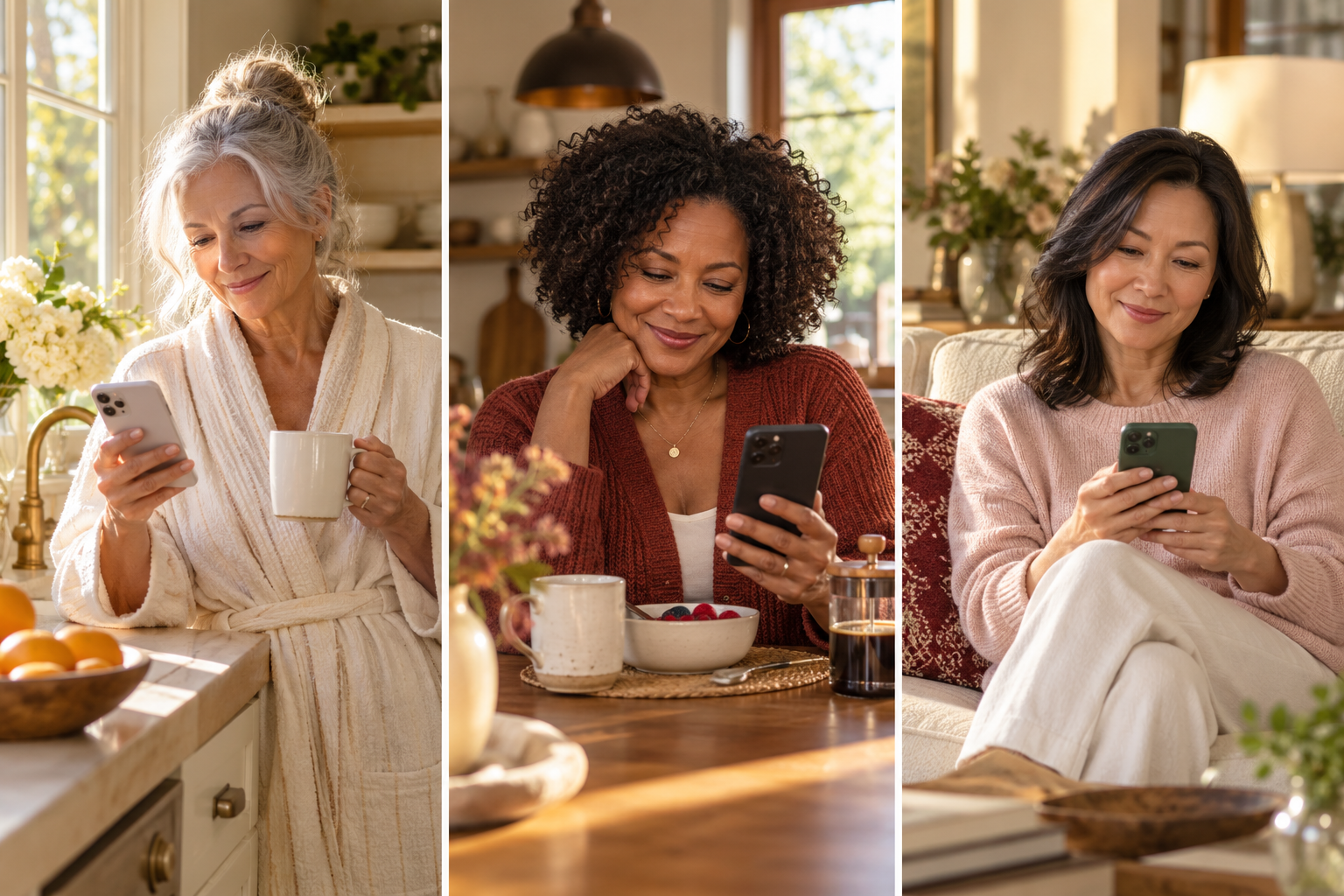 Three women enjoying quiet morning moments, coffee, and encouraging messages on their phones