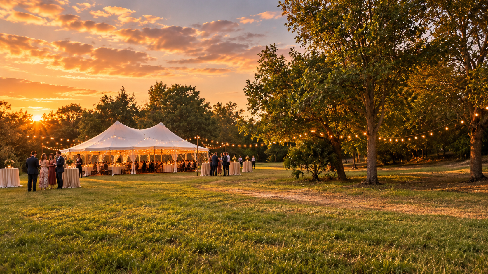 Evening reception on the lawn at Riverview Ranch with illuminated sailcloth tent and string lights beneath century trees