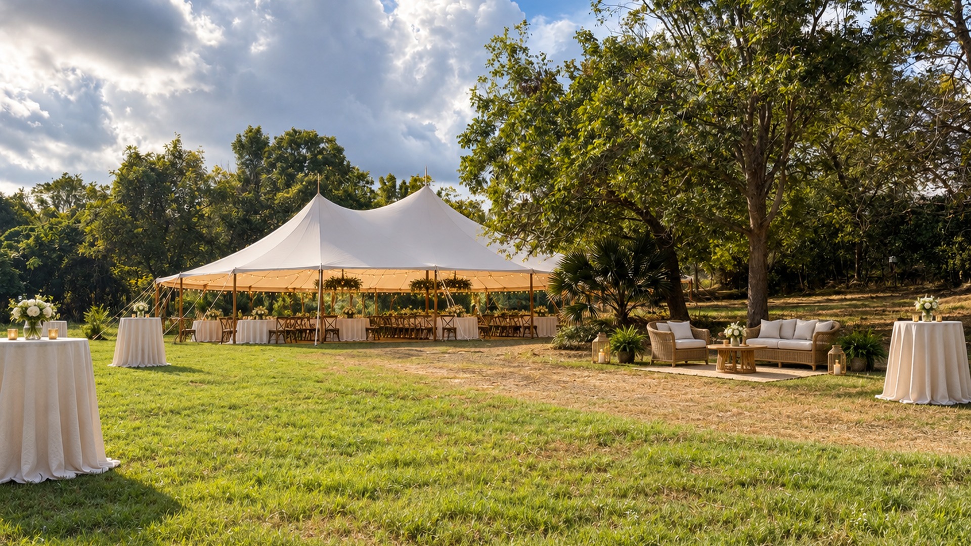Luxury tent event setup on the riverfront lawn at Riverview Ranch
