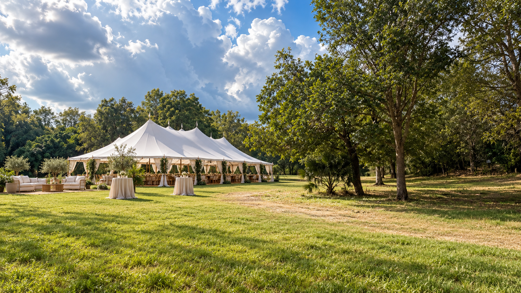 Daytime celebration on the riverfront lawn with high-peak tent and Texas sky