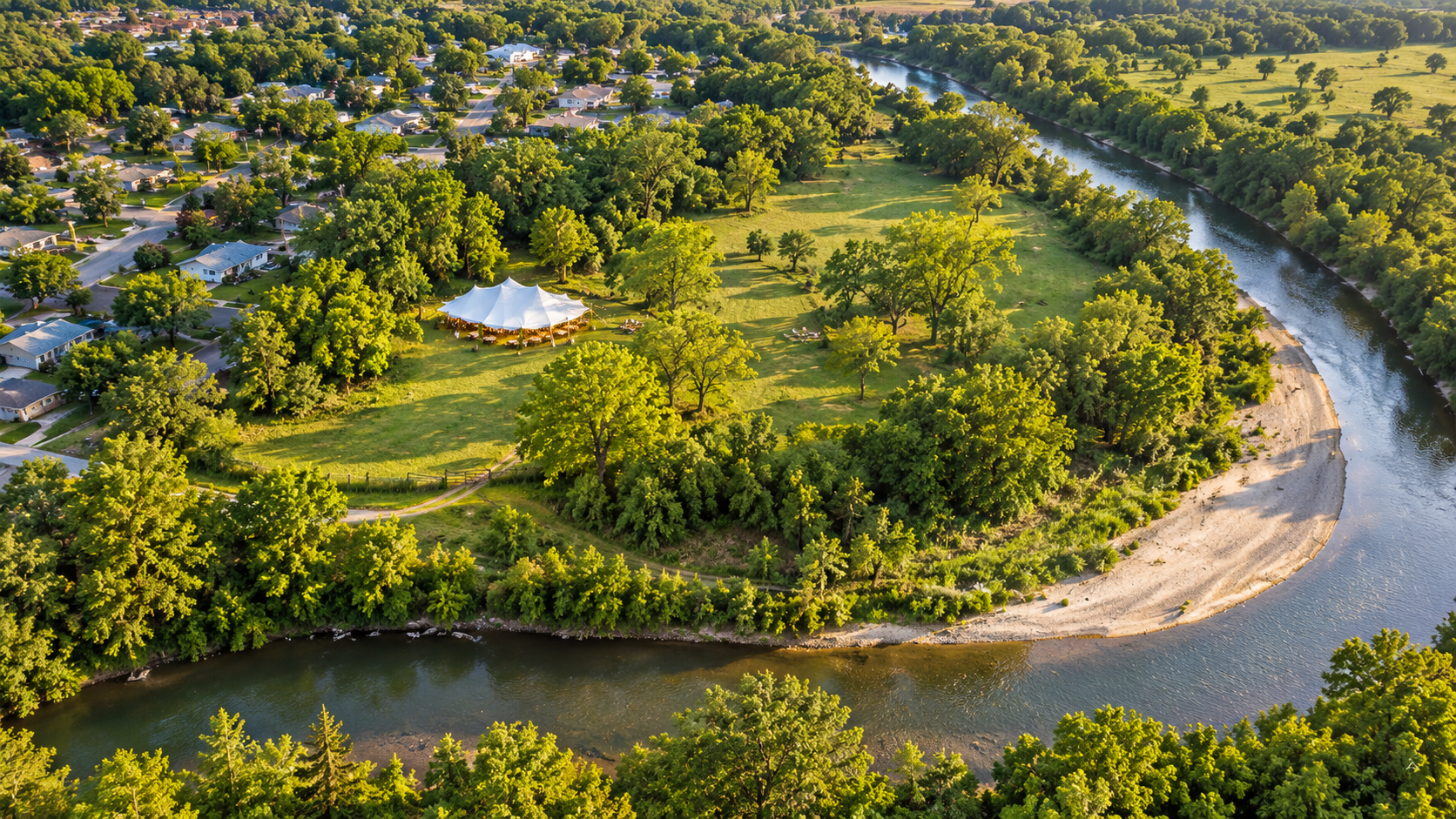 Aerial view of Riverview Ranch lawn and bend on the Colorado River