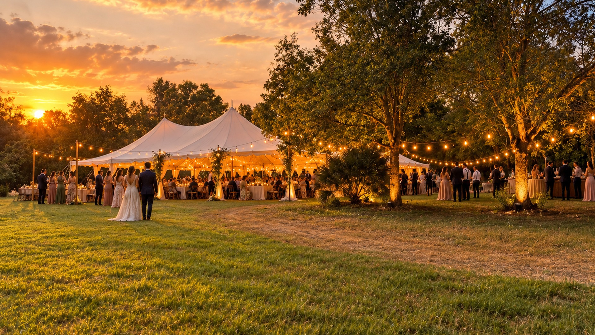 Riverview Ranch Venue — luxury riverside wedding venue tent illuminated at sundown