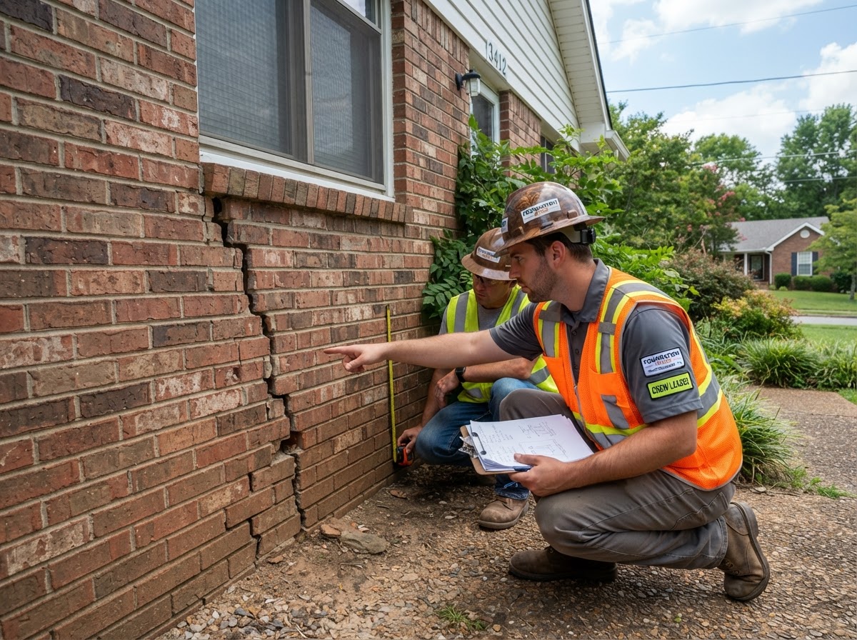 Foundation repair crew inspecting a home in Murfreesboro, TN