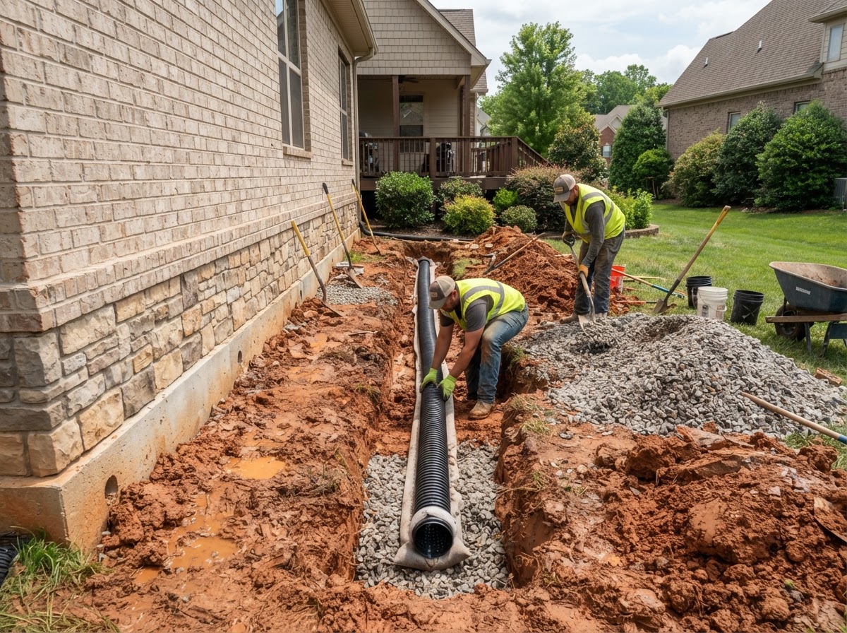 French drain and drainage work around a Rutherford County home