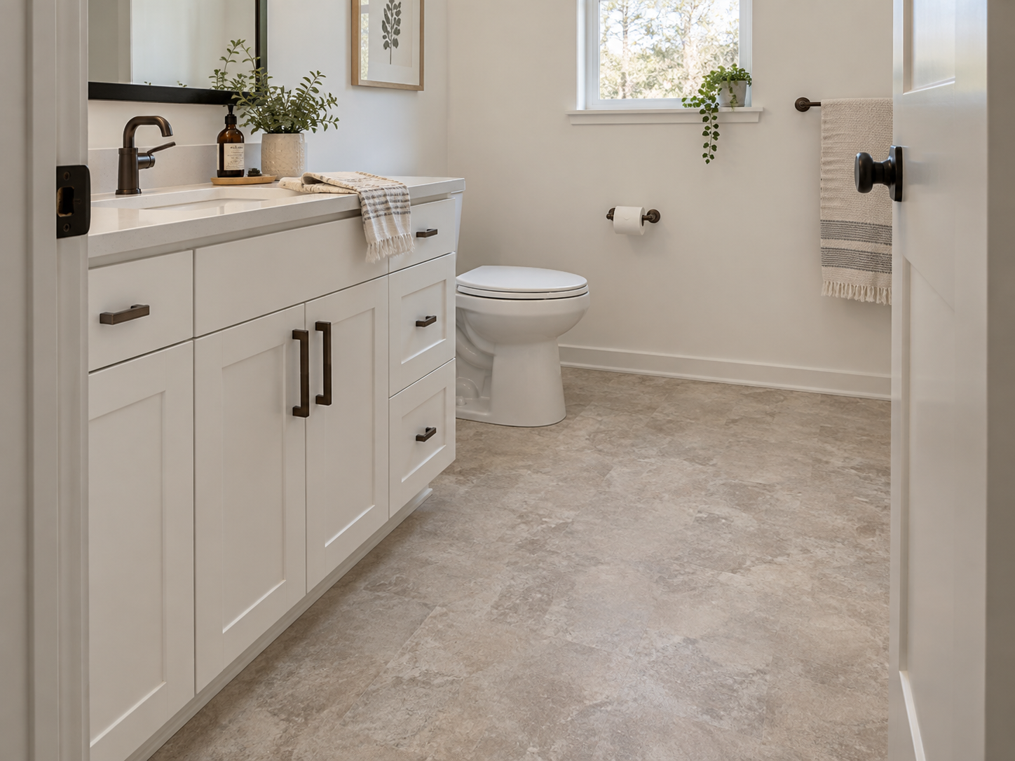 Illustrative photo of clean, moisture-resistant patterned sheet vinyl in a modern bathroom