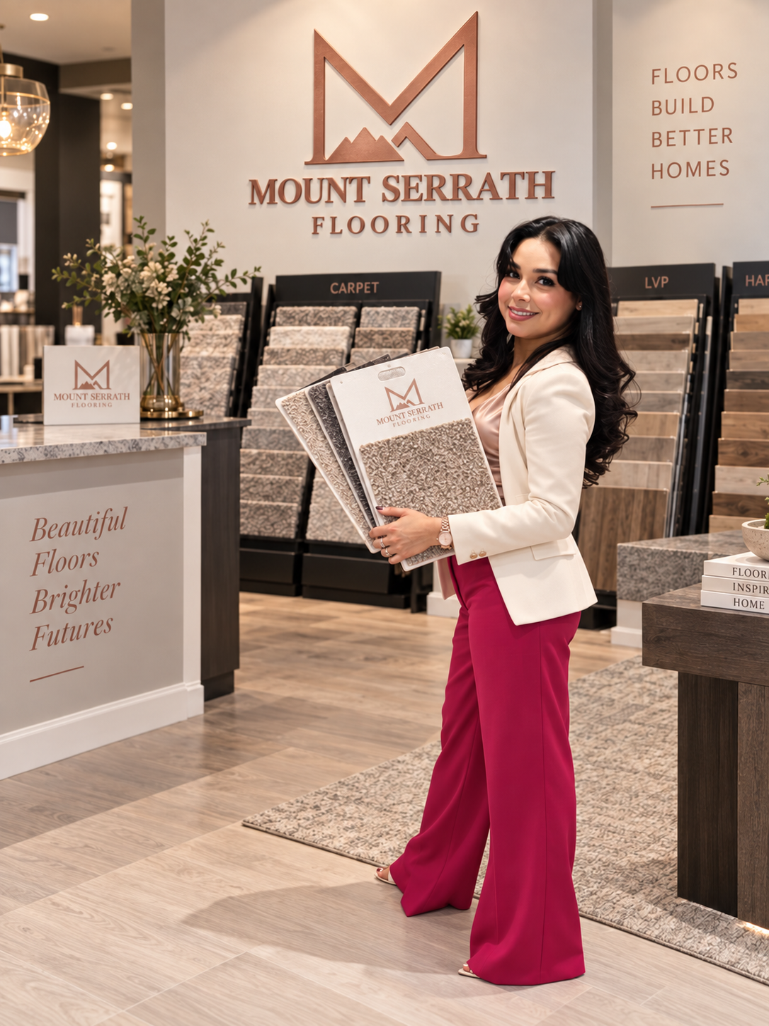 Illustrative visual reference of a friendly flooring specialist holding carpet samples in a modern showroom setting — not a photograph of an actual person or Mount Serrath Flooring showroom