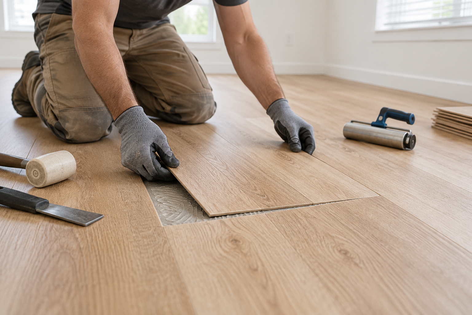 Illustrative photo of professional flooring repair technician installing a replacement plank with troweled adhesive