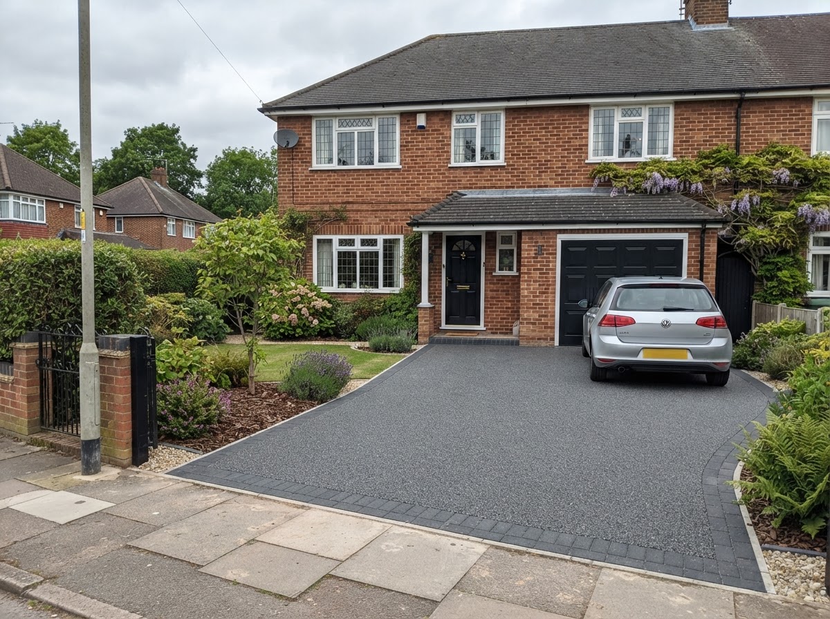 Charcoal resin bound driveway outside a detached house