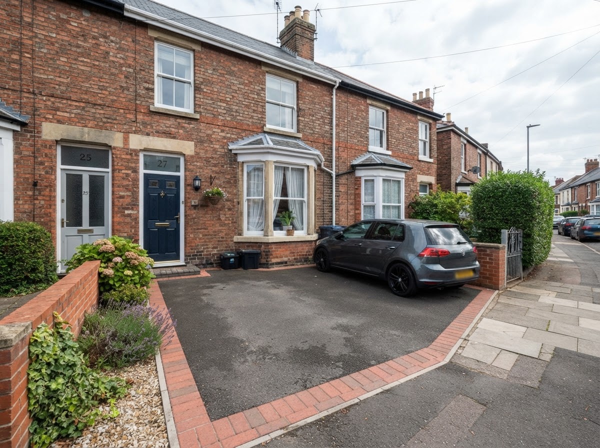 Tarmac driveway with brick edging on a terraced house