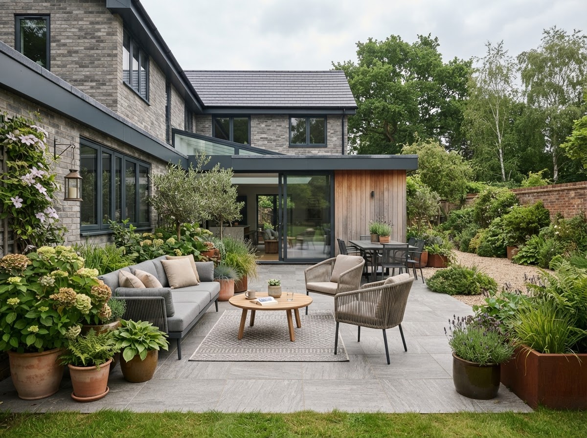 Porcelain patio with outdoor seating