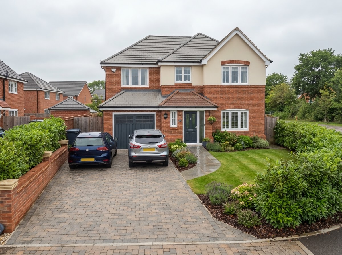 Block paving driveway outside a UK new-build home