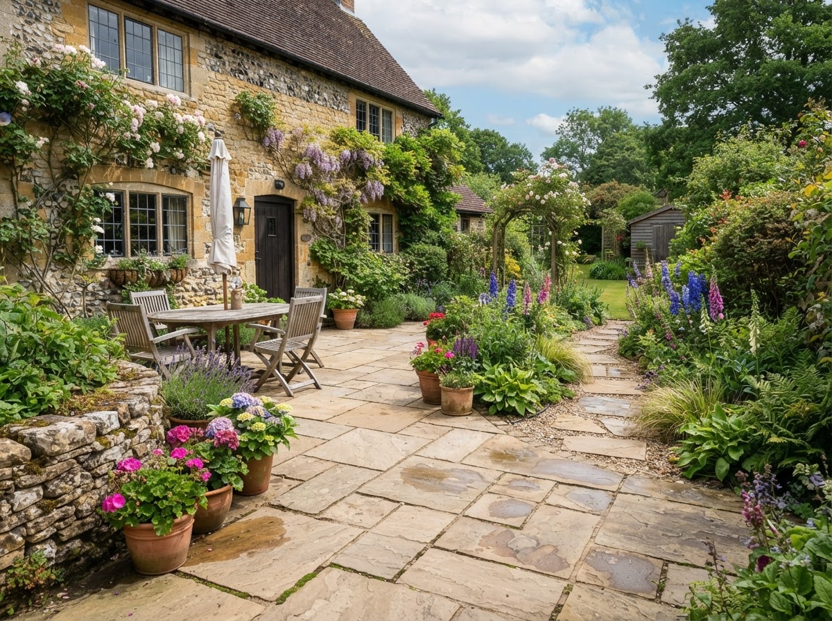 Natural stone patio with garden path