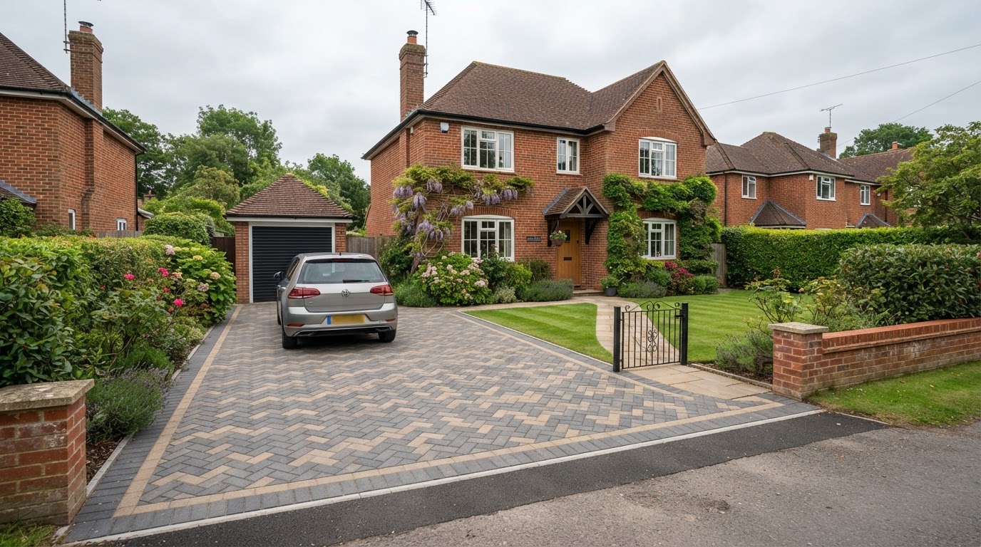 Newly laid block paving driveway outside a brick home in Hampshire