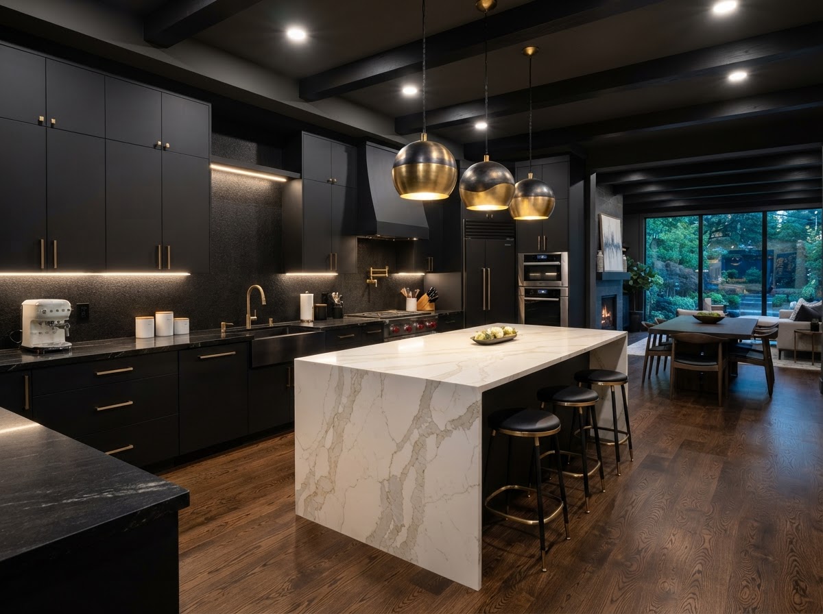 granite full-height backsplash in dark kitchen