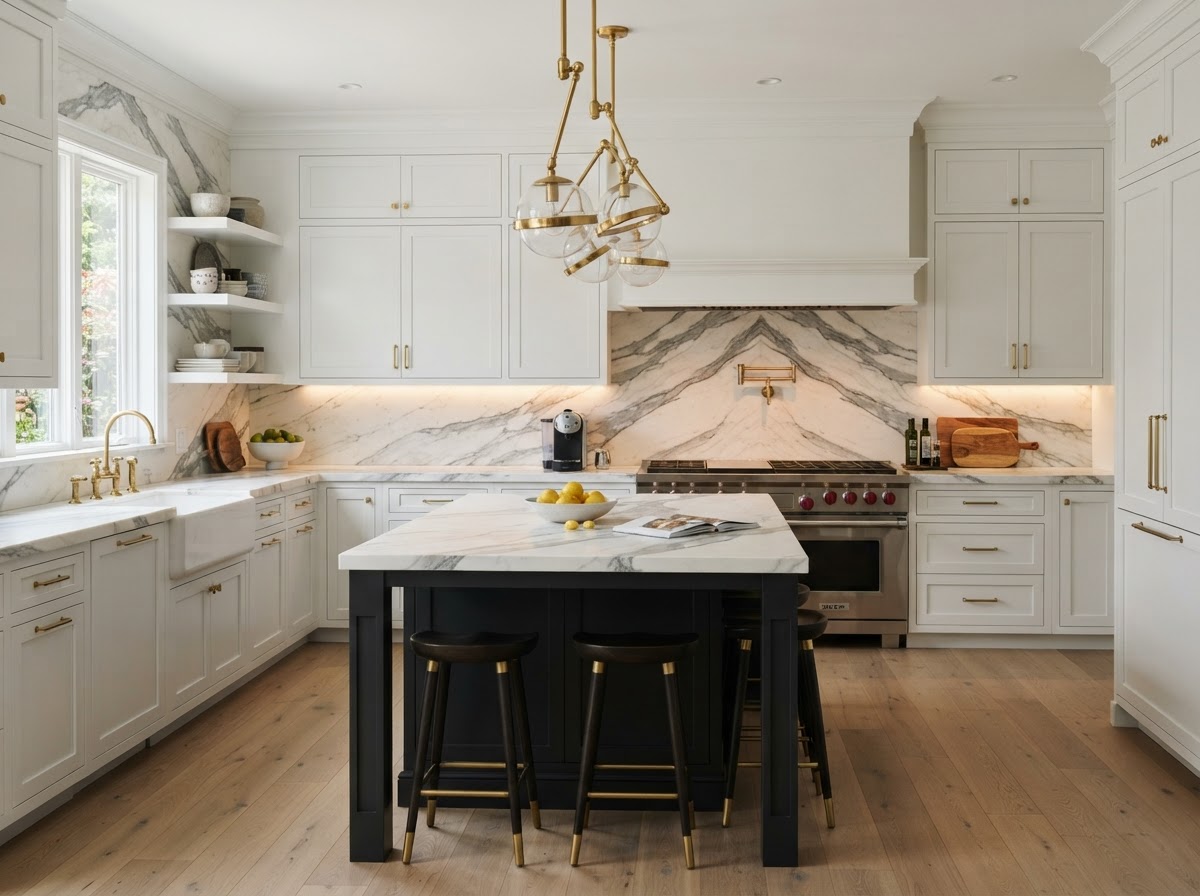Kitchen with Arabescato Marble Kitchen