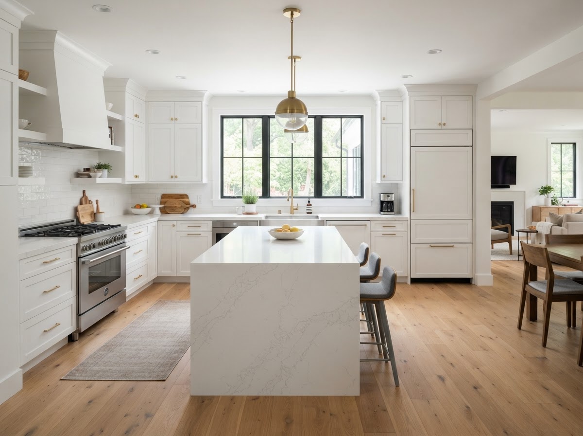 white quartz kitchen with large island