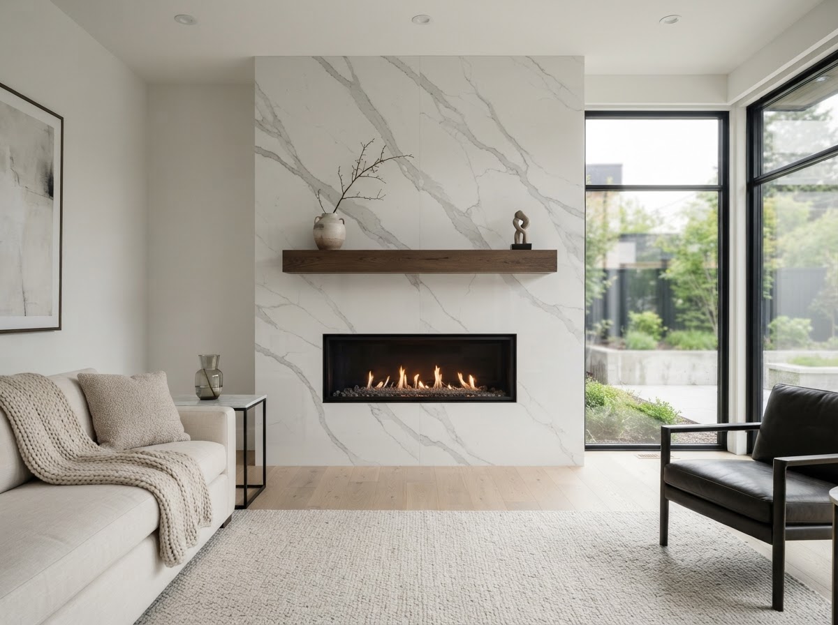 quartzite fireplace surround with hearth