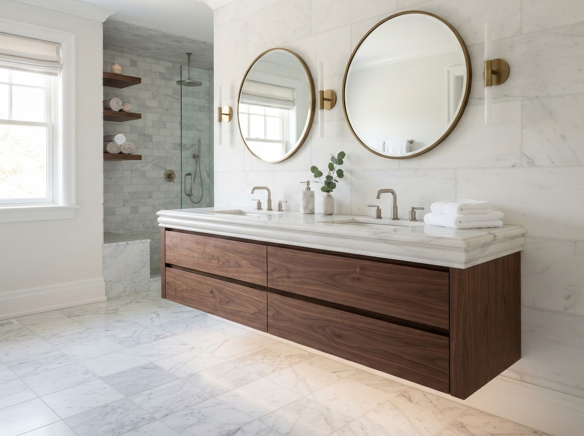 double vanity with book-matched marble