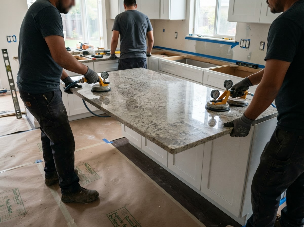 crew installing stone countertop in finished kitchen