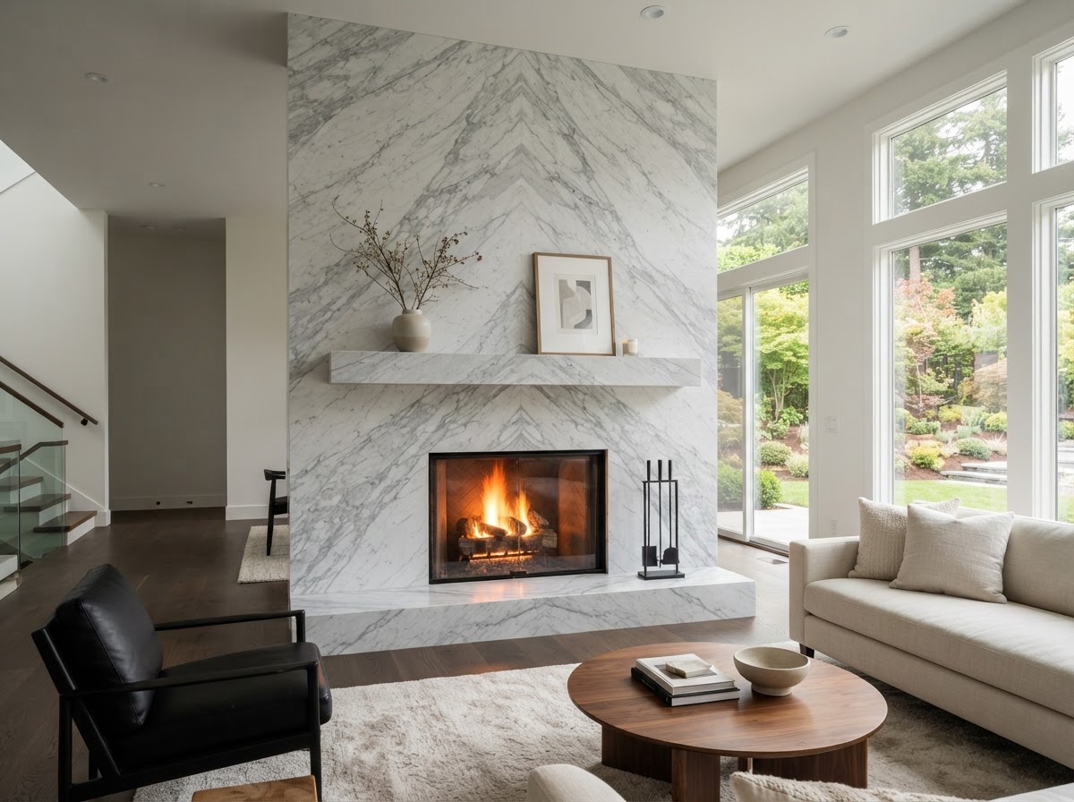 Full stone fireplace surround with marble veining