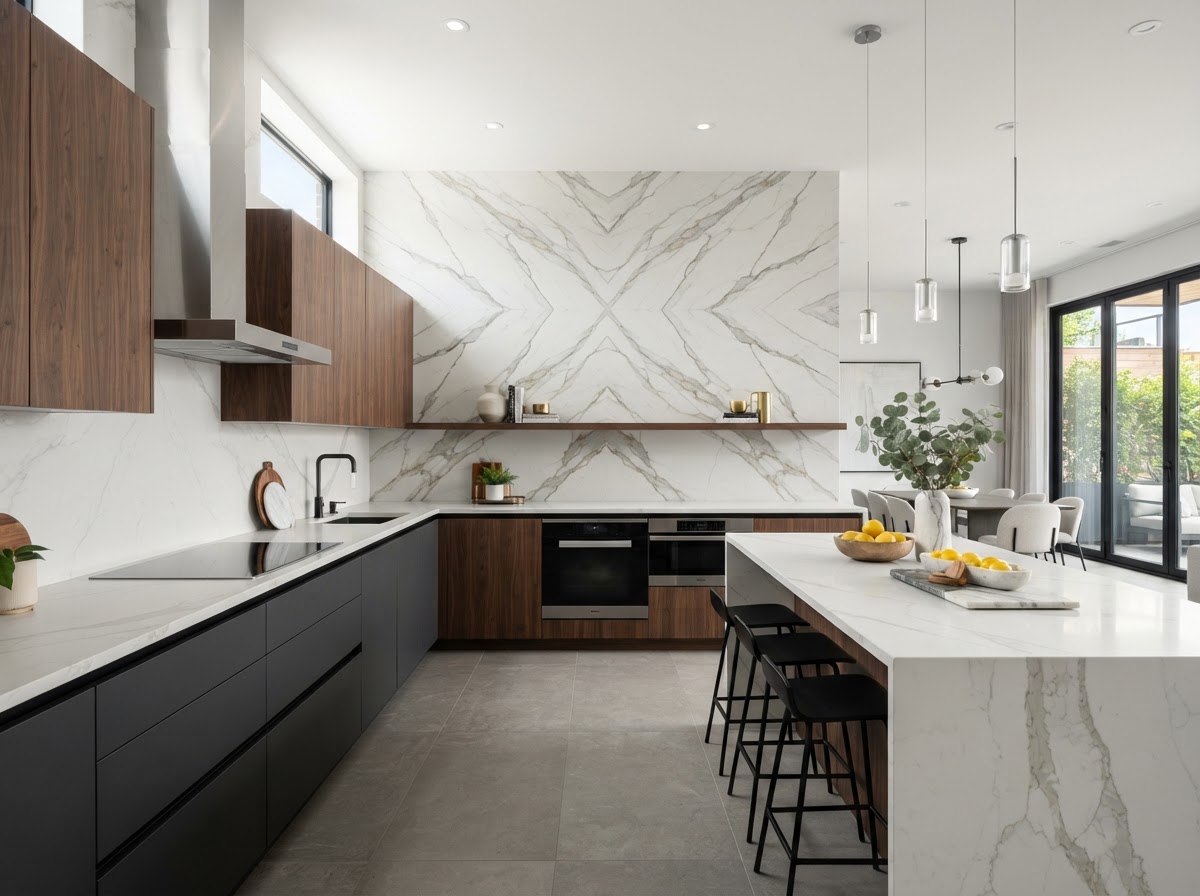 porcelain full-height backsplash with marble look