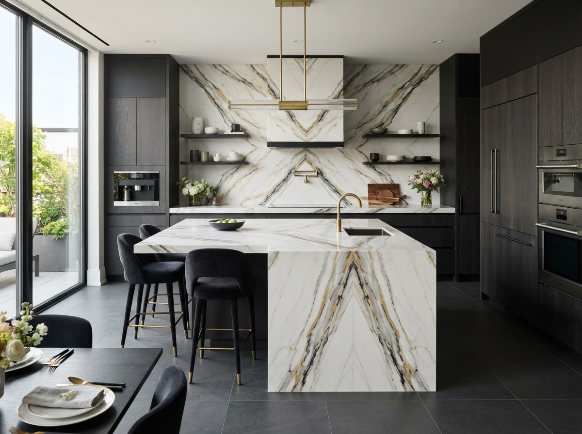 Kitchen with Book-Matched Porcelain Kitchen