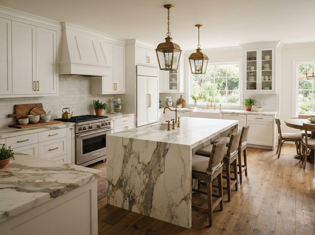 Marble countertops in a luxury kitchen