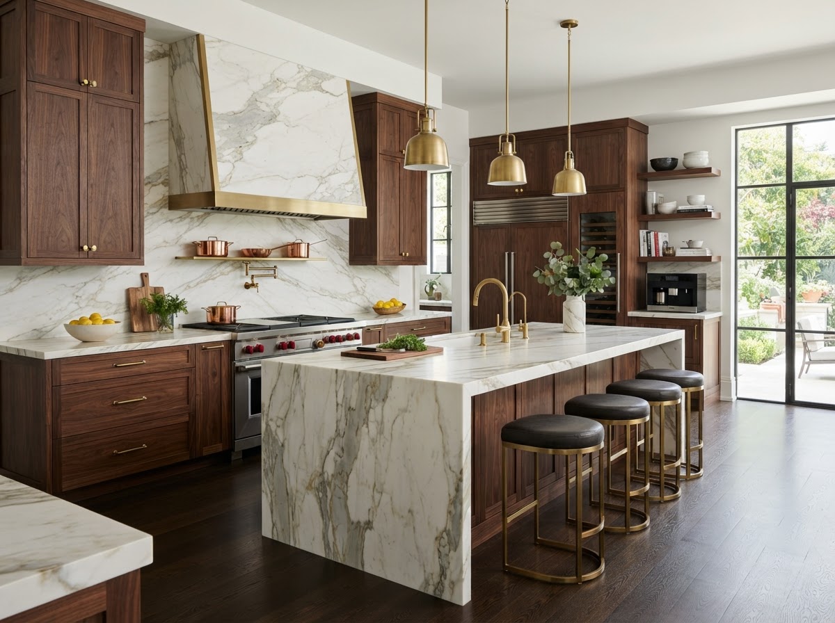 marble full-height backsplash behind range matching counter
