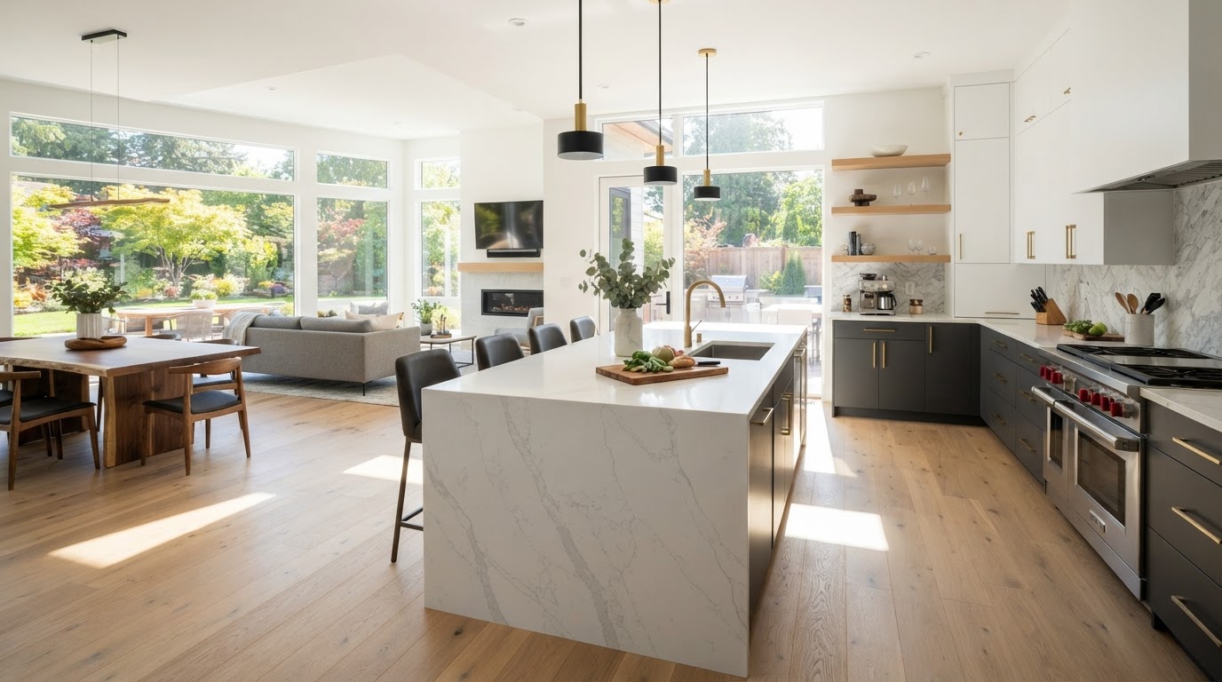 Contemporary Waterfall Edge Quartz Island
