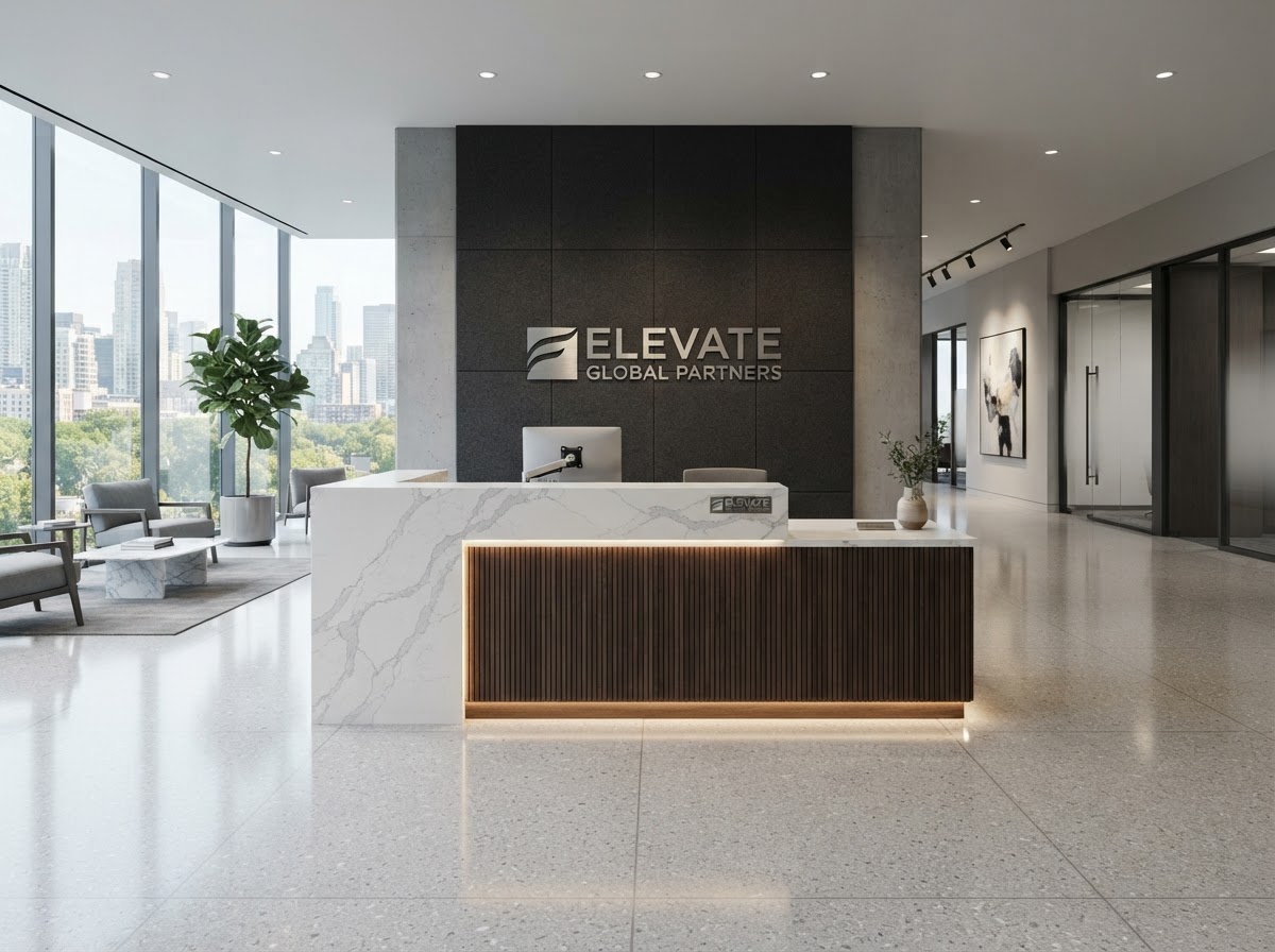 Stone commercial reception desk with waterfall edge