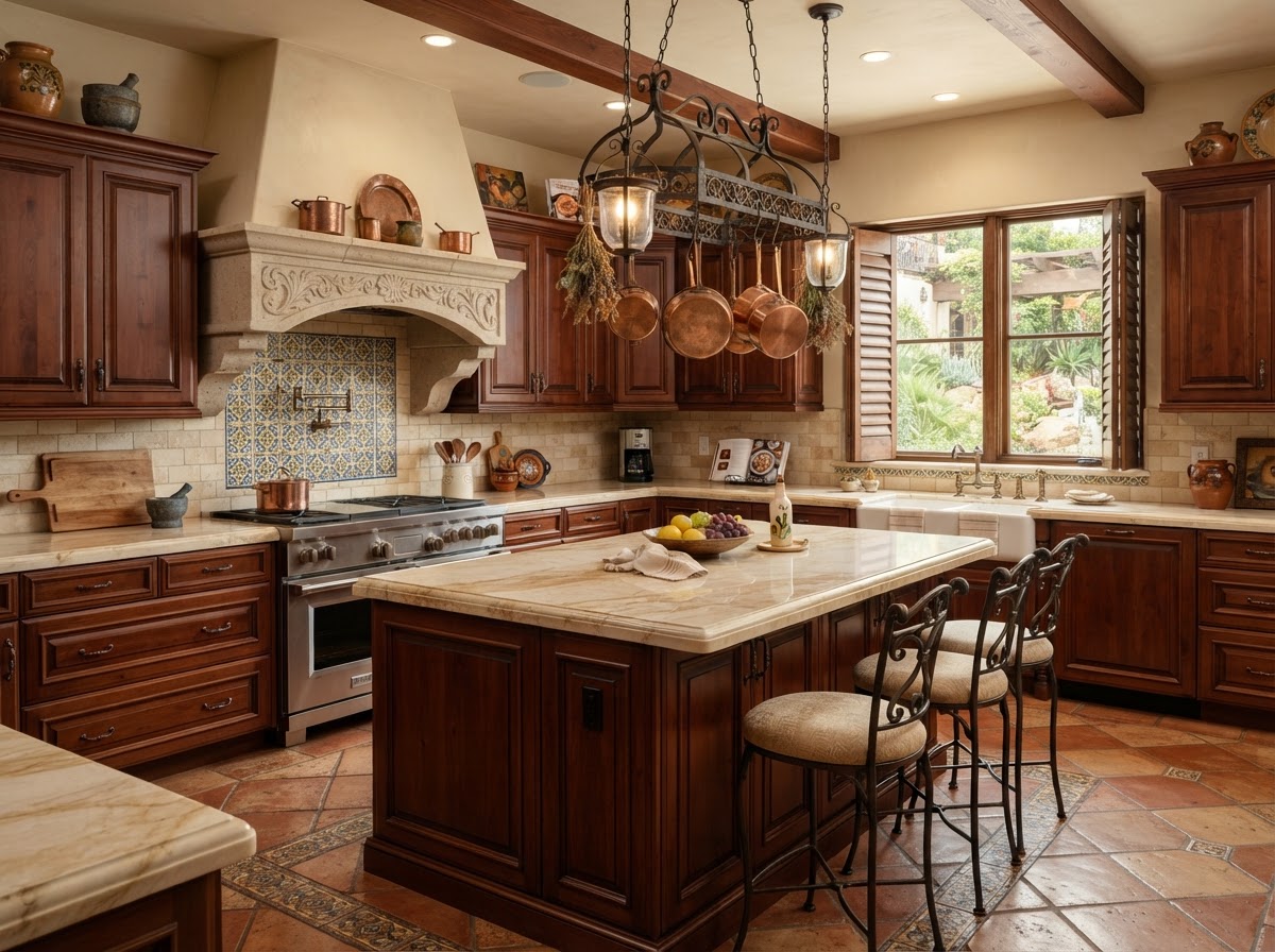 Kitchen with Crema Marfil Marble Kitchen