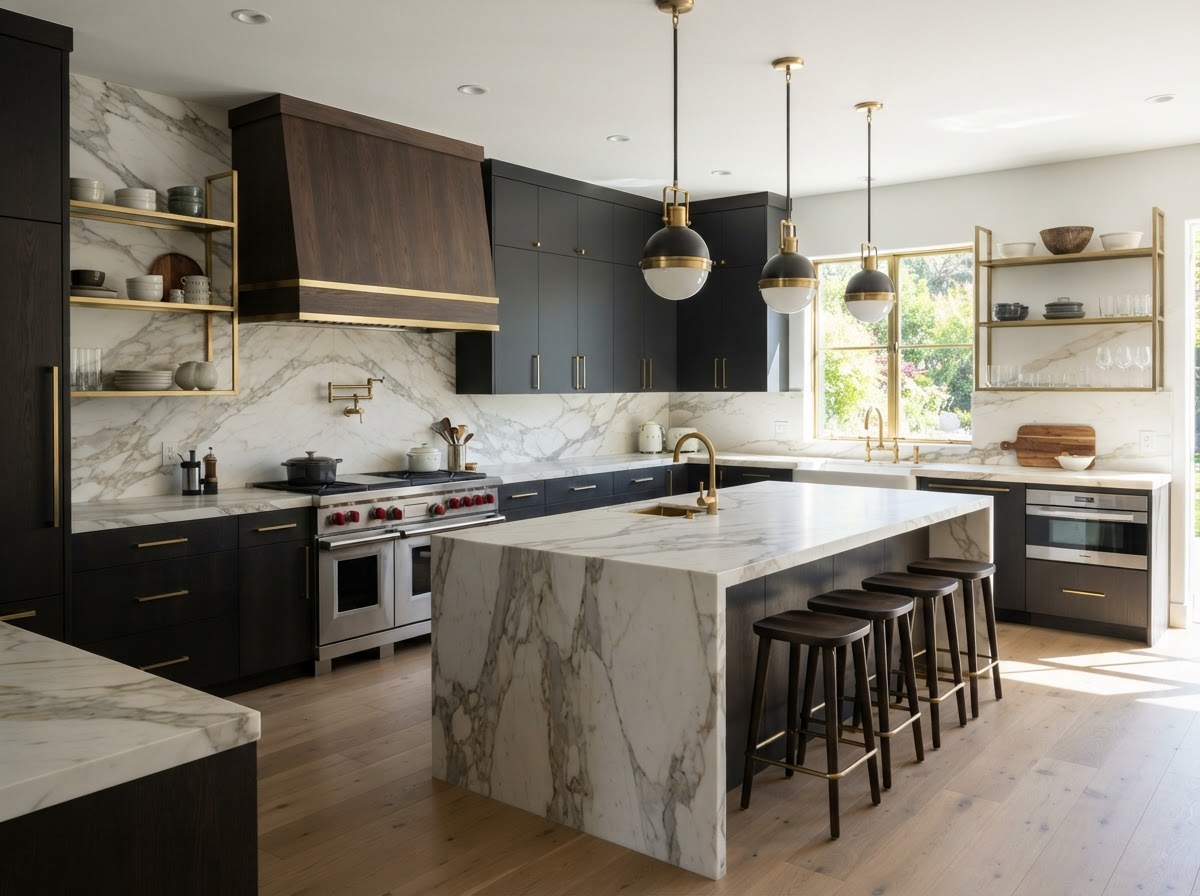 Full-height slab backsplash behind a range, matching the counter